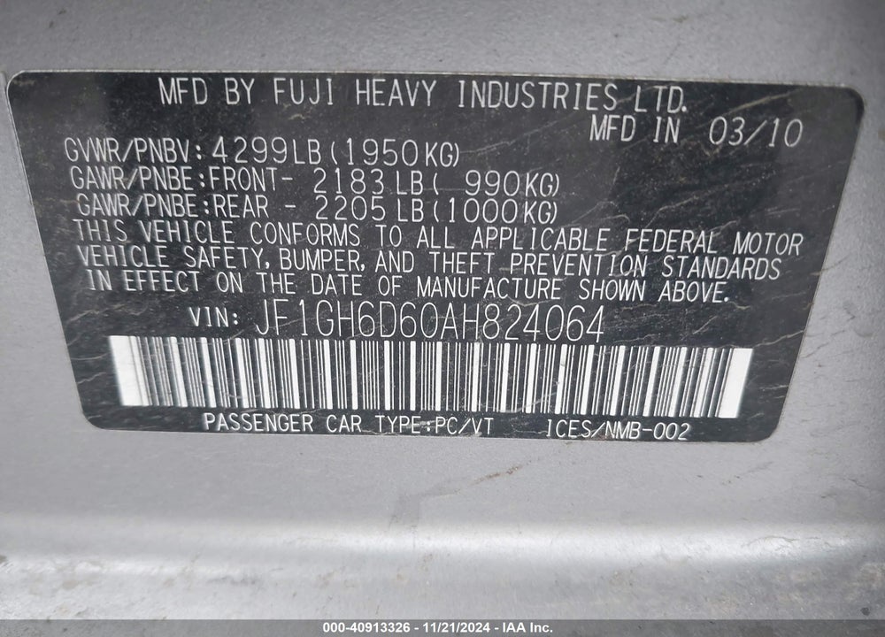 2010 SUBARU IMPREZA OUTBACK SPORT VIN: JF1GH6D60AH824064