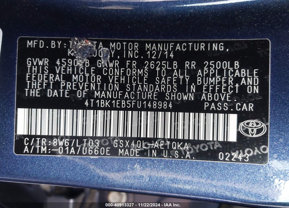 2015 TOYOTA AVALON XLE TOURING VIN: 4T1BK1EB5FU148984
