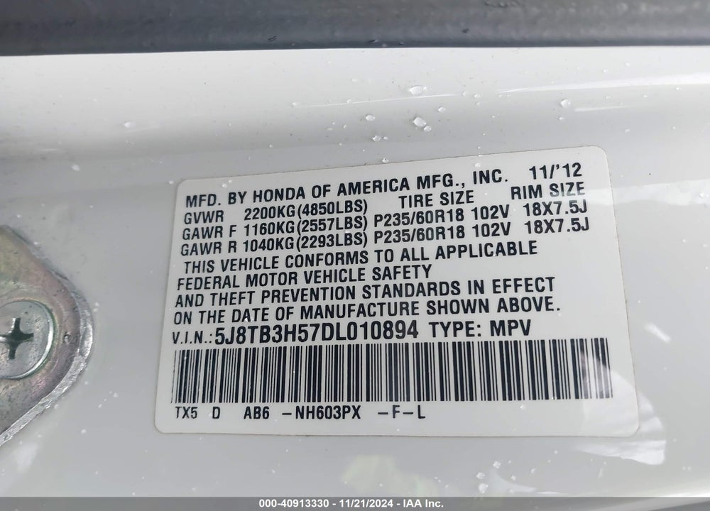 2013 ACURA RDX VIN: 5J8TB3H57DL010894