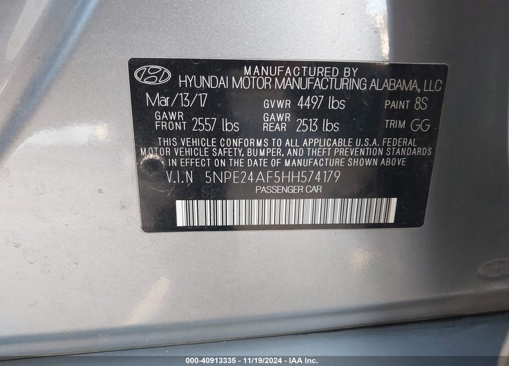 2017 HYUNDAI SONATA SE VIN: 5NPE24AF5HH574179