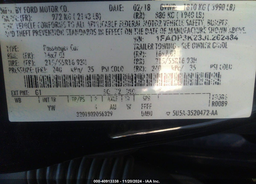 2018 FORD FOCUS SE VIN: 1FADP3K23JL262484
