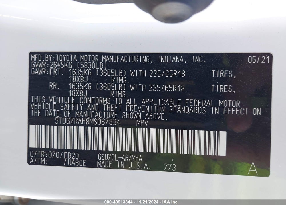 2021 TOYOTA HIGHLANDER XLE VIN: 5TDGZRAH8MS067834