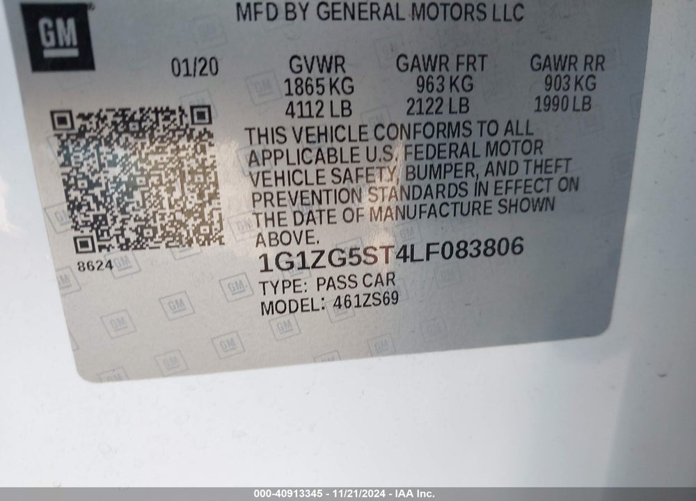 2020 CHEVROLET MALIBU VIN: 1G1ZG5ST4LF083806