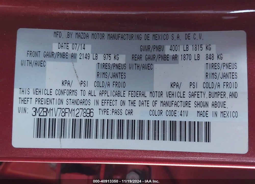 2015 MAZDA 3 VIN: 3MZBM1V78FM127896