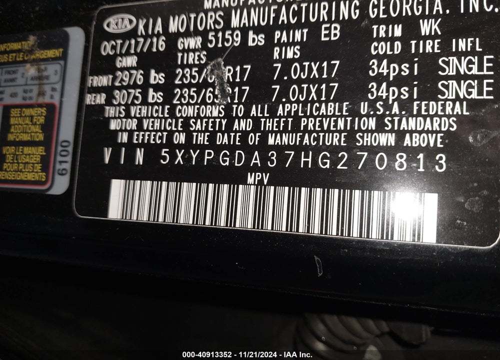 2017 KIA SORENTO 2.4L LX VIN: 5XYPGDA37HG270813