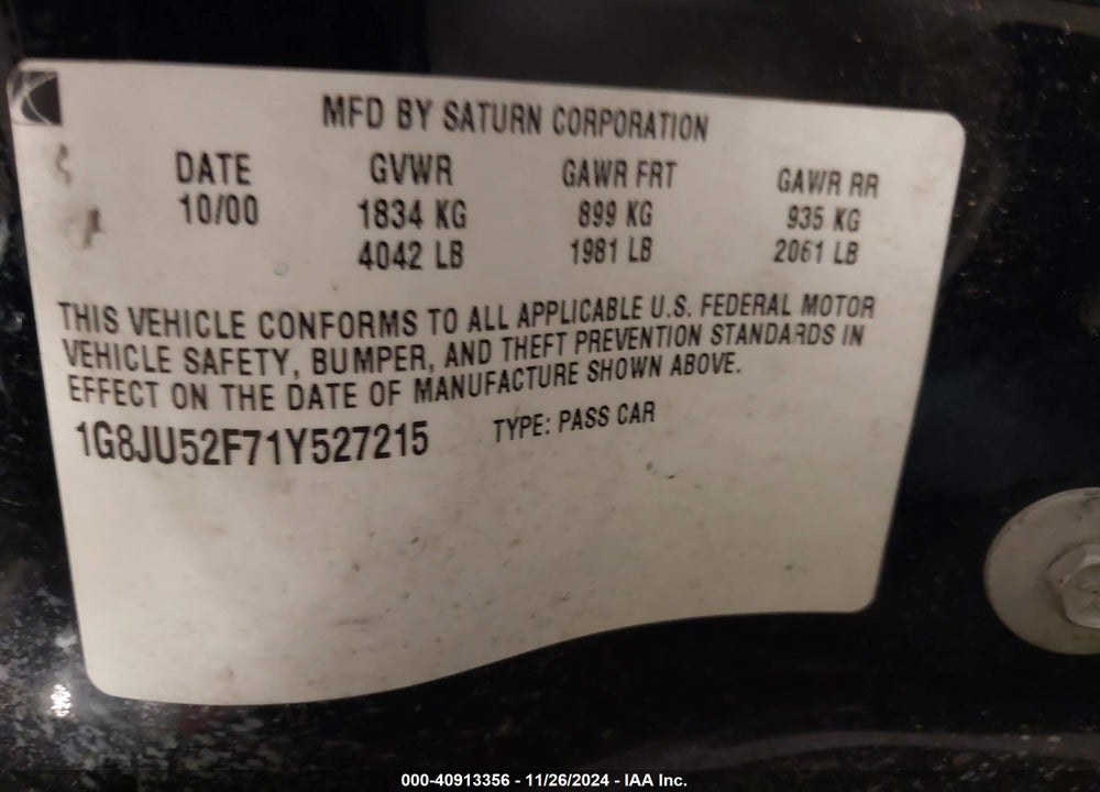 2001 SATURN L200 VIN: 1G8JU52F71Y527215