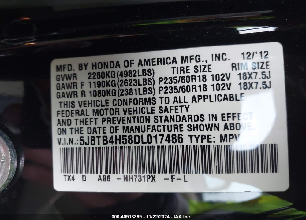 2013 ACURA RDX VIN: 5J8TB4H58DL017486