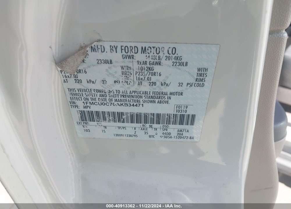 2010 FORD ESCAPE XLS VIN: 1FMCU0C70AKB34471