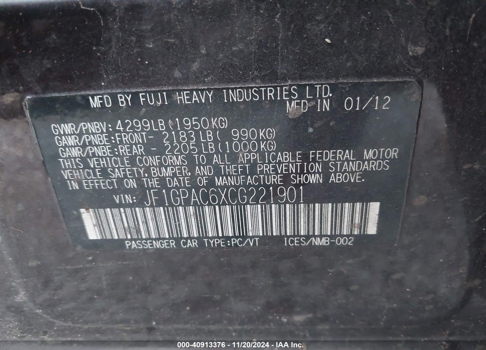 2012 SUBARU IMPREZA VIN: JF1GPAC6XCG221901