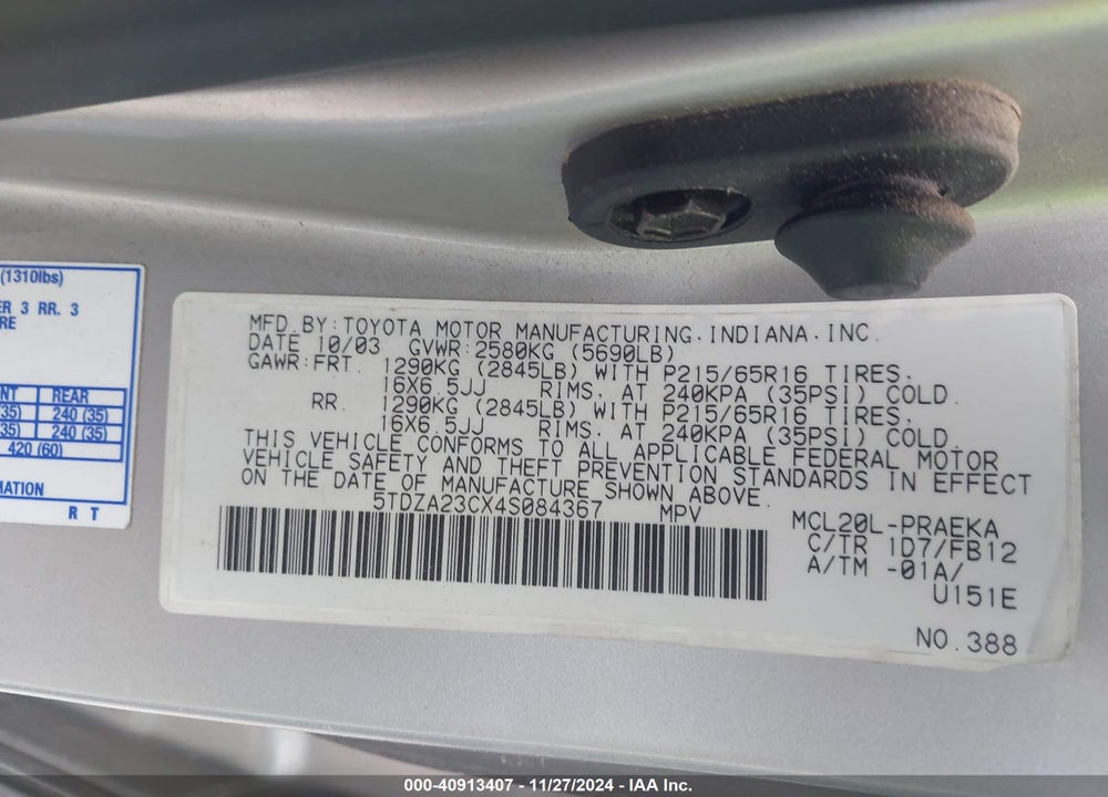 2004 TOYOTA SIENNA CE/LE VIN: 5TDZA23CX4S084367