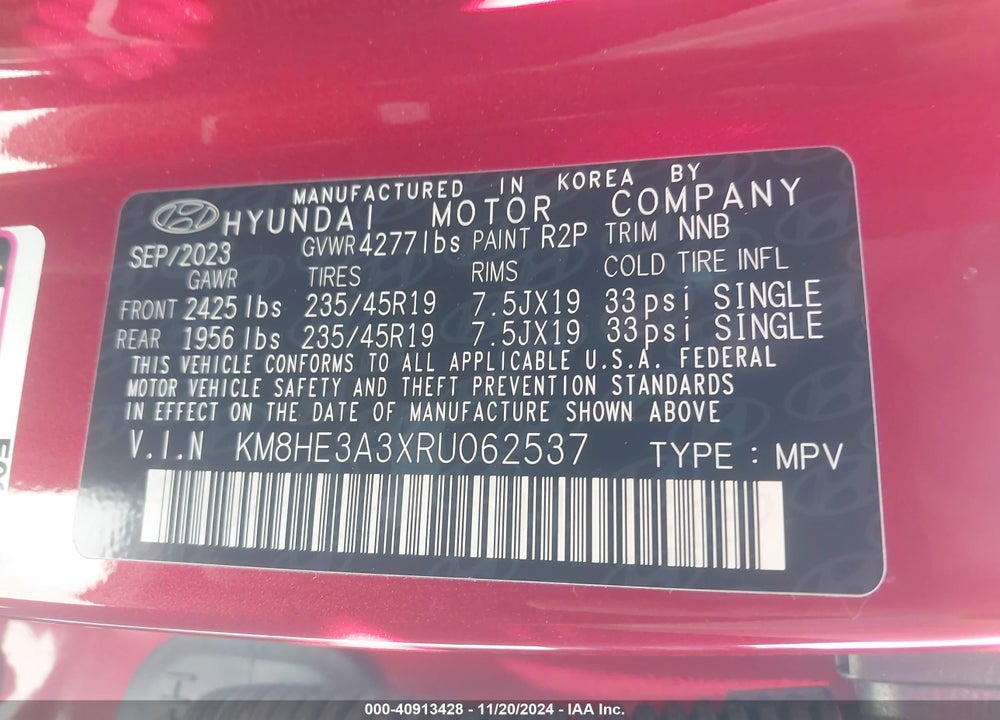 2024 HYUNDAI KONA LIMITED VIN: KM8HE3A3XRU062537