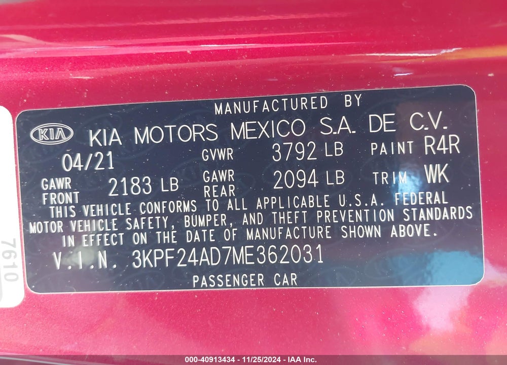2021 KIA FORTE LXS VIN: 3KPF24AD7ME362031