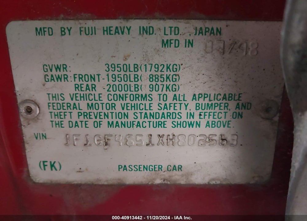 1999 SUBARU IMPREZA OUTBACK SPORT VIN: JF1GF4851XH802563