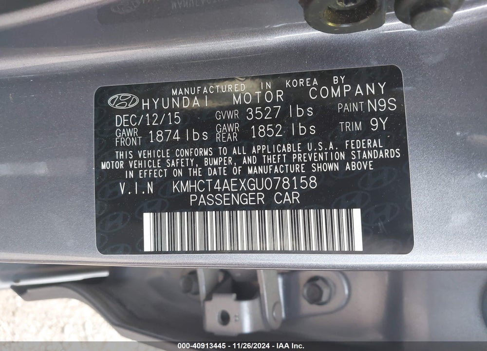 2016 HYUNDAI ACCENT VIN: KMHCT4AEXGU078158
