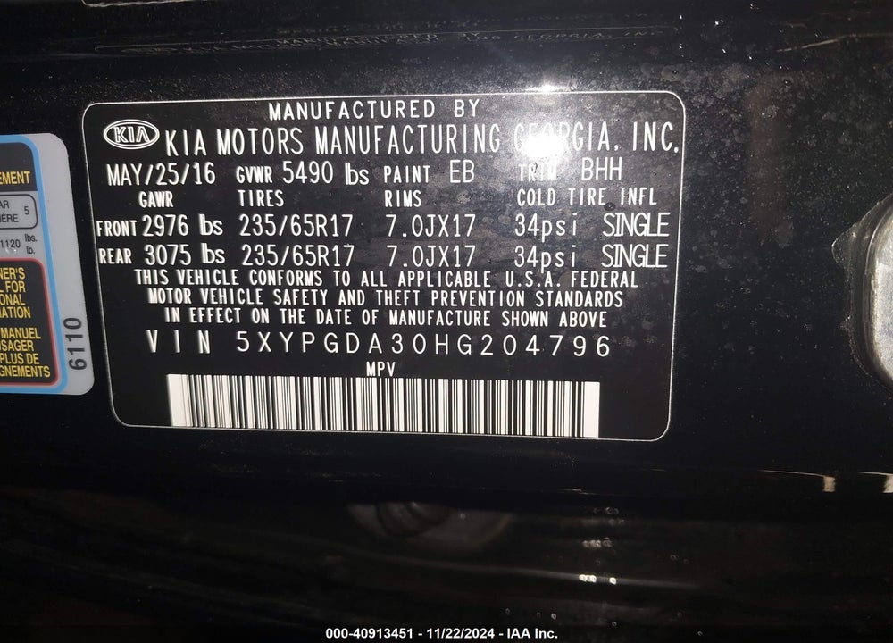 2017 KIA SORENTO 2.4L LX VIN: 5XYPGDA30HG204796