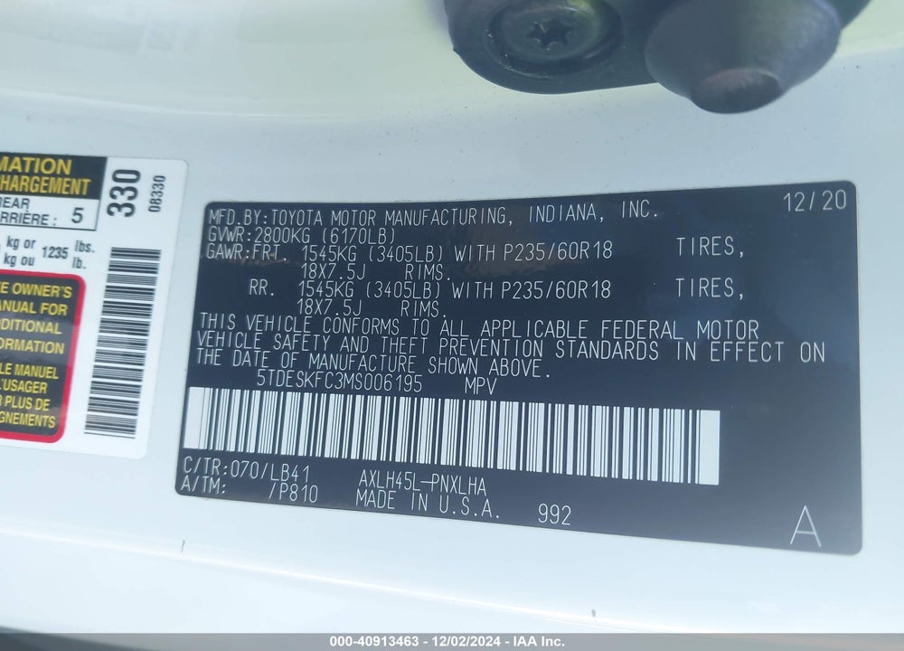 2021 TOYOTA SIENNA PLATINUM VIN: 5TDESKFC3MS006195