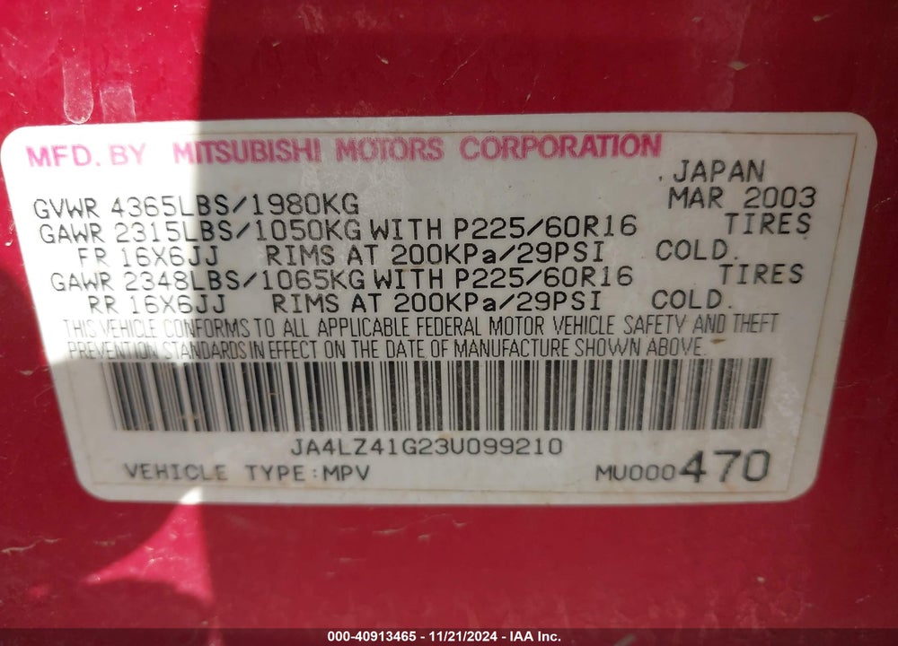 2003 MITSUBISHI OUTLANDER XLS VIN: JA4LZ41G23U099210
