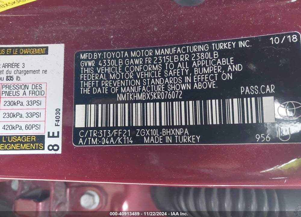 2019 TOYOTA C-HR XLE VIN: NMTKHMBX5KR076072