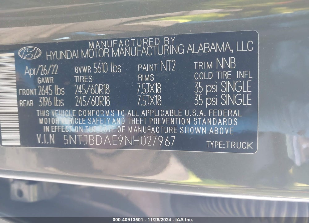2022 HYUNDAI SANTA CRUZ SEL VIN: 5NTJBDAE9NH027967