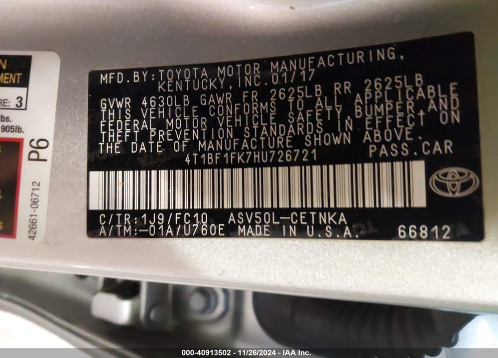 2017 TOYOTA CAMRY VIN: 4T1BF1FK7HU726721