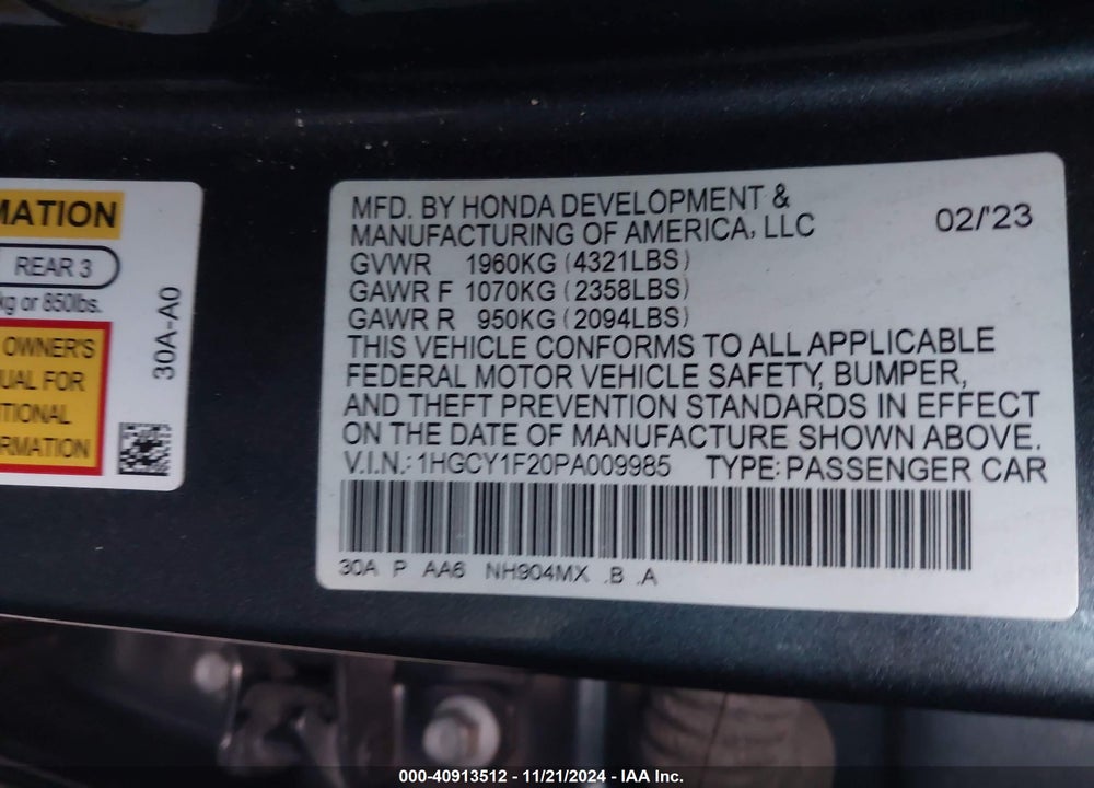 2023 HONDA ACCORD VIN: 1HGCY1F20PA009985