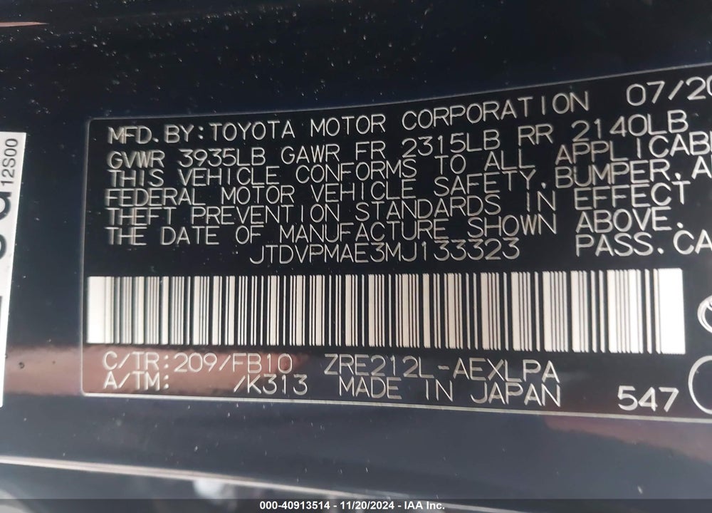 2021 TOYOTA COROLLA LE VIN: JTDVPMAE3MJ133323