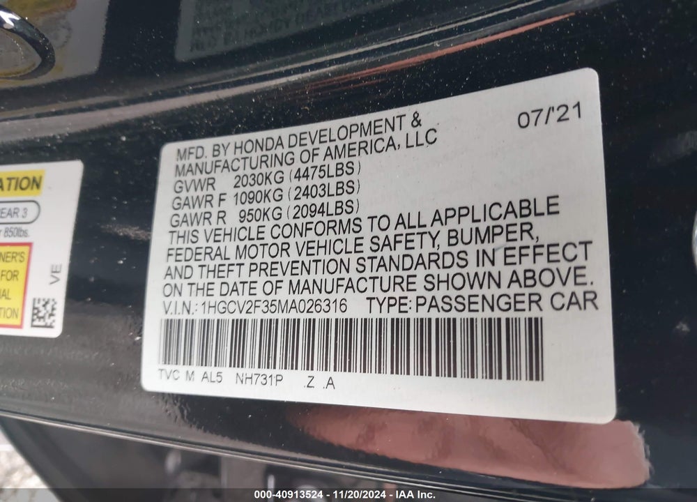 2021 HONDA ACCORD SPORT 2.0T VIN: 1HGCV2F35MA026316