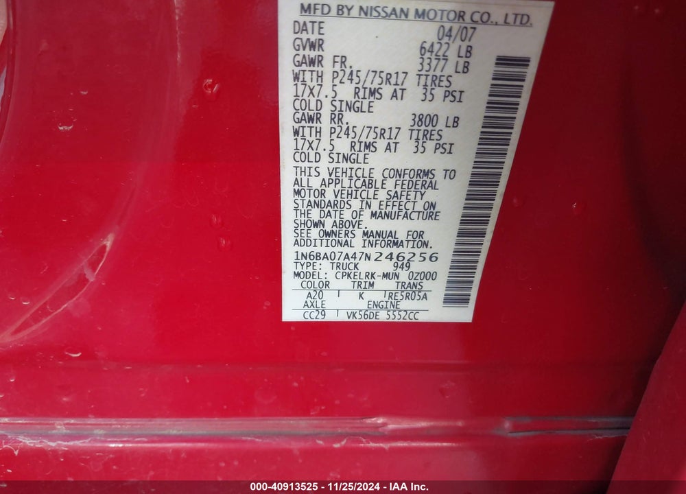 2007 NISSAN TITAN XE VIN: 1N6BA07A47N246256