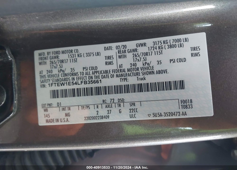 2020 FORD F-150 VIN: 1FTEW1E54LFB35661