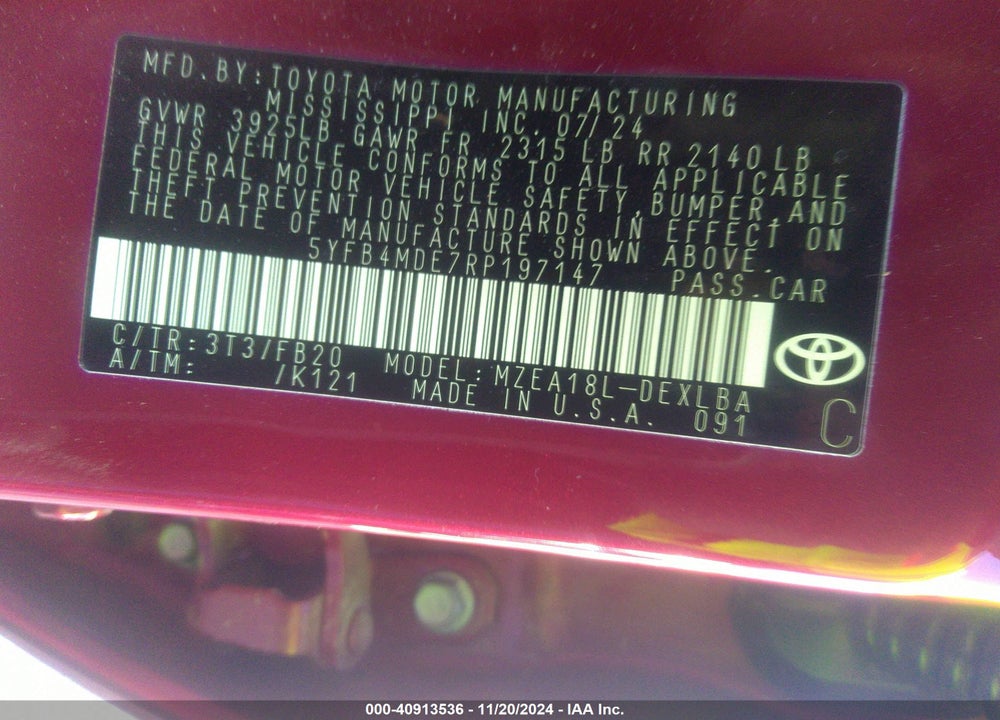 2024 TOYOTA COROLLA LE VIN: 5YFB4MDE7RP197147