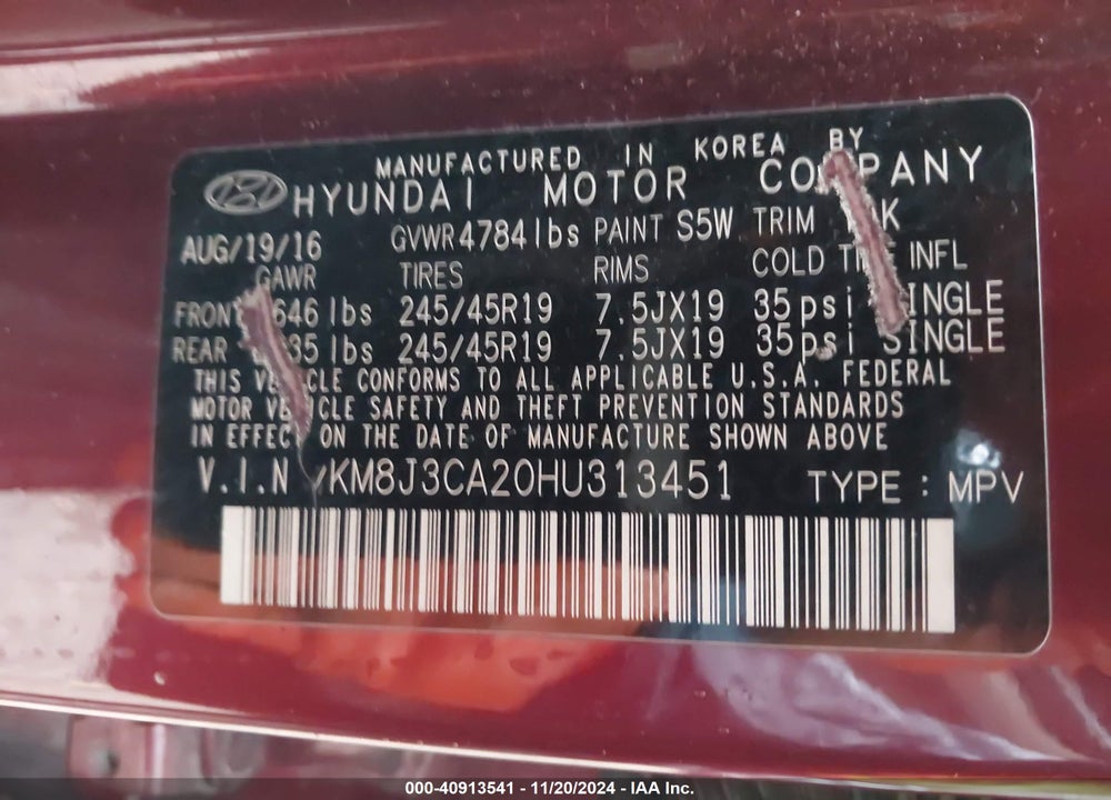 2017 HYUNDAI TUCSON SPORT VIN: KM8J3CA20HU313451