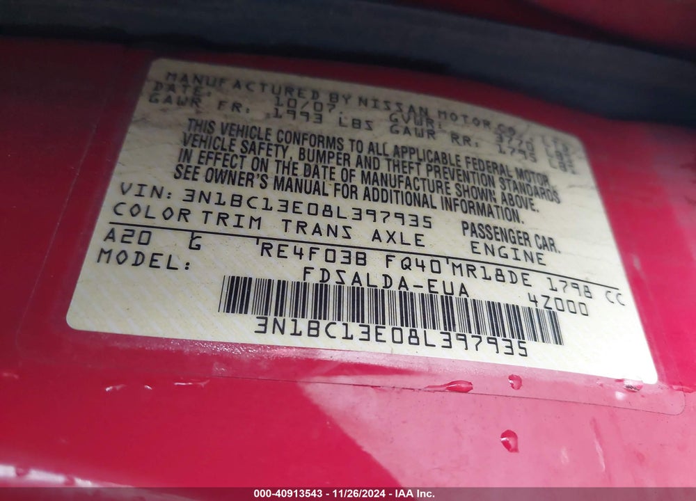 2008 NISSAN VERSA 1.8S VIN: 3N1BC13E08L397935