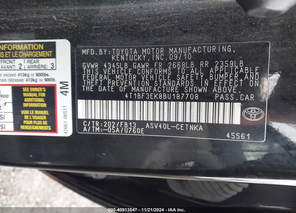 2011 TOYOTA CAMRY LE VIN: 4T1BF3EK8BU187708
