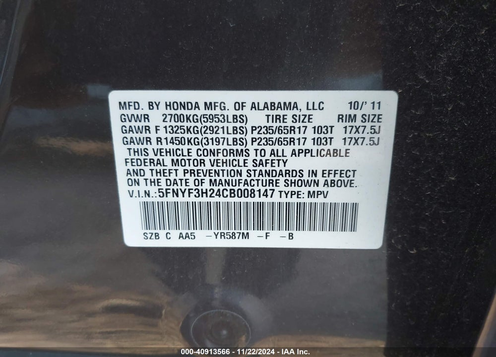 2012 HONDA PILOT LX VIN: 5FNYF3H24CB008147