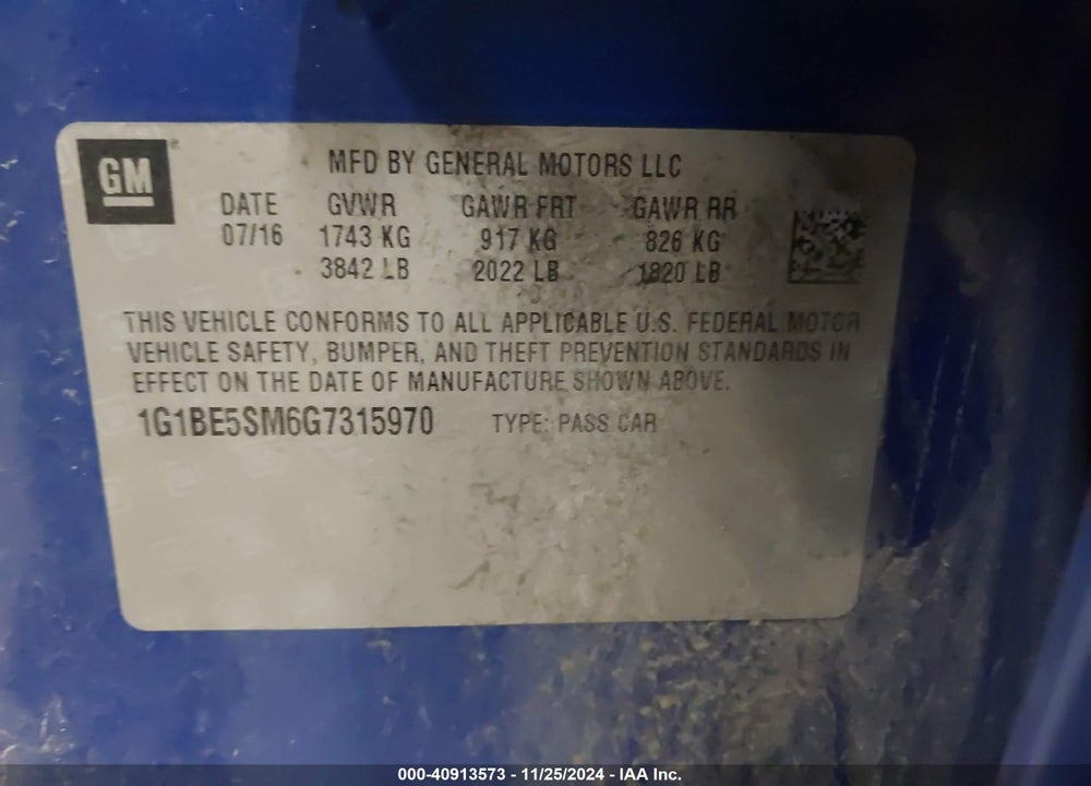 2016 CHEVROLET CRUZE LT AUTO VIN: 1G1BE5SM6G7315970