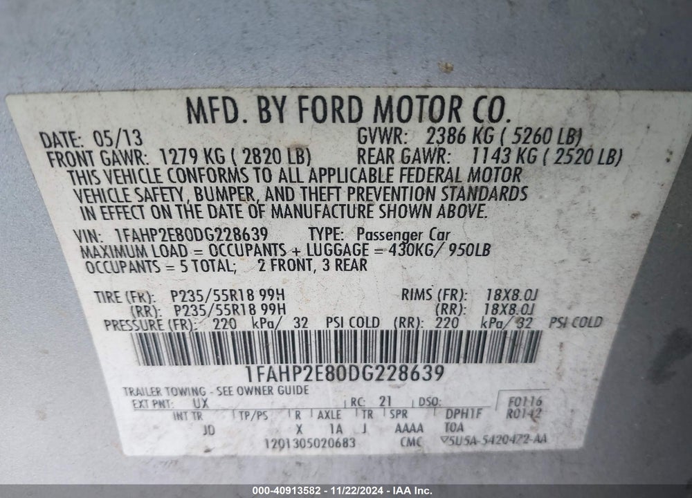 2013 FORD TAURUS SEL VIN: 1FAHP2E80DG228639