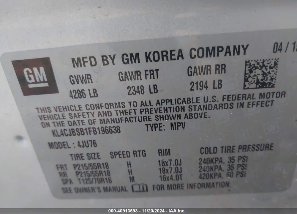2015 BUICK ENCORE CONVENIENCE VIN: KL4CJBSB1FB196638