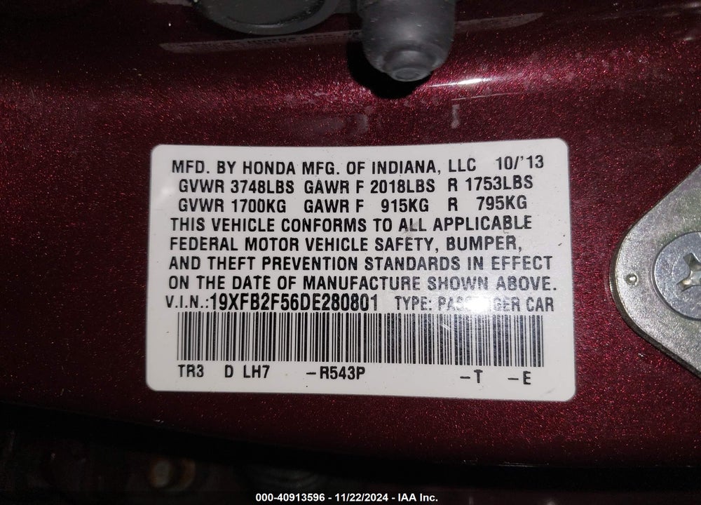 2013 HONDA CIVIC LX VIN: 19XFB2F56DE280801