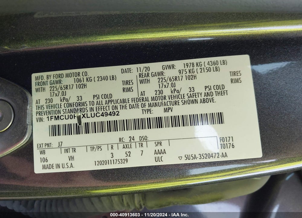 2020 FORD ESCAPE S VIN: 1FMCU0F6XLUC49492