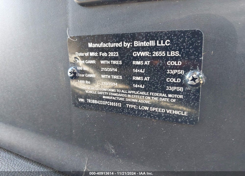 2023 BINITELLI GOLF CART VIN: 7R3BB423XPC005512