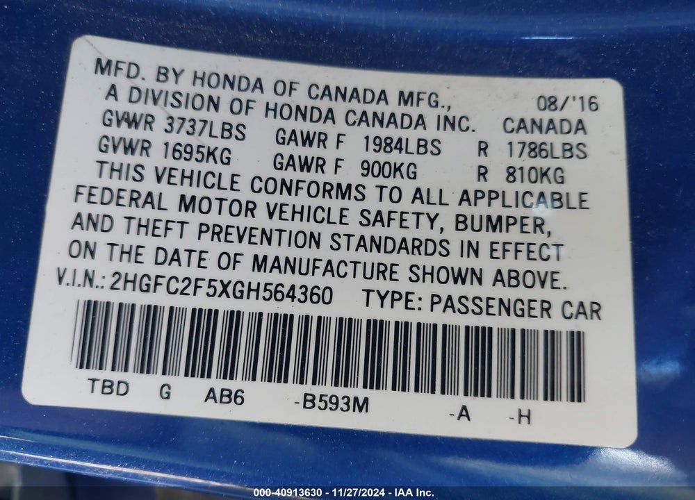 2016 HONDA CIVIC LX VIN: 2HGFC2F5XGH564360