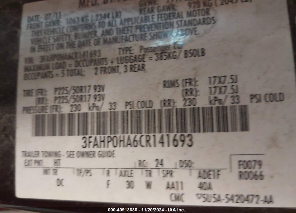 2012 FORD FUSION SE VIN: 3FAHP0HA6CR141693