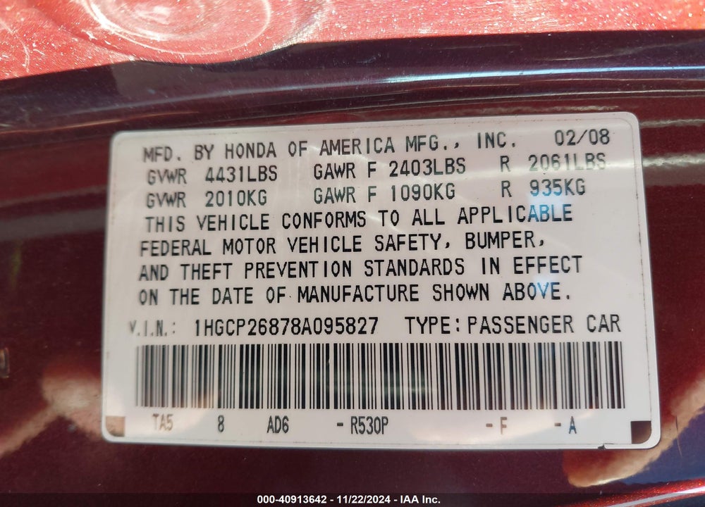 2008 HONDA ACCORD 2.4 EX-L VIN: 1HGCP26878A095827