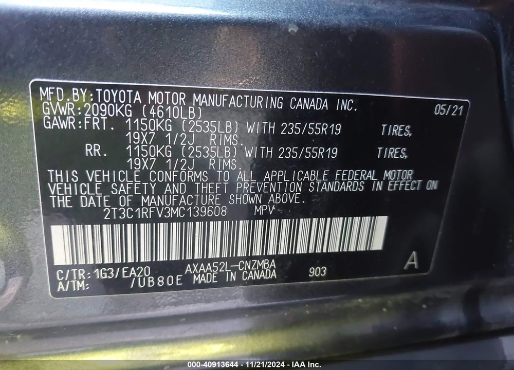 2021 TOYOTA RAV4 XLE PREMIUM VIN: 2T3C1RFV3MC139608