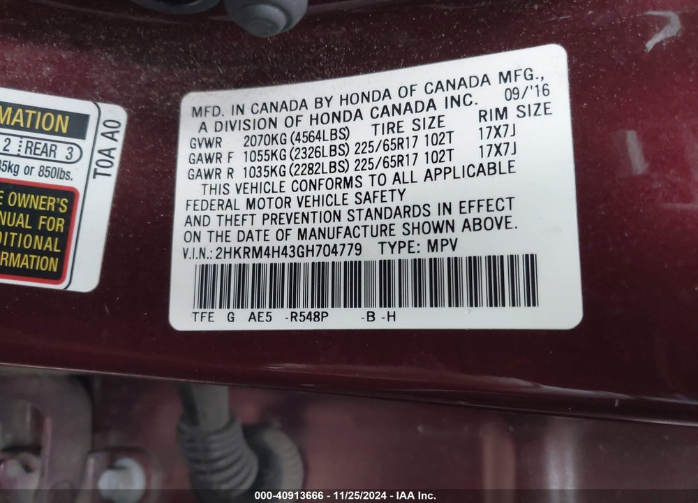 2016 HONDA CR-V SE VIN: 2HKRM4H43GH704779