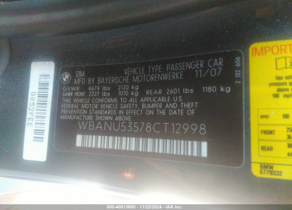 2008 BMW 528I VIN: WBANU53578CT12998