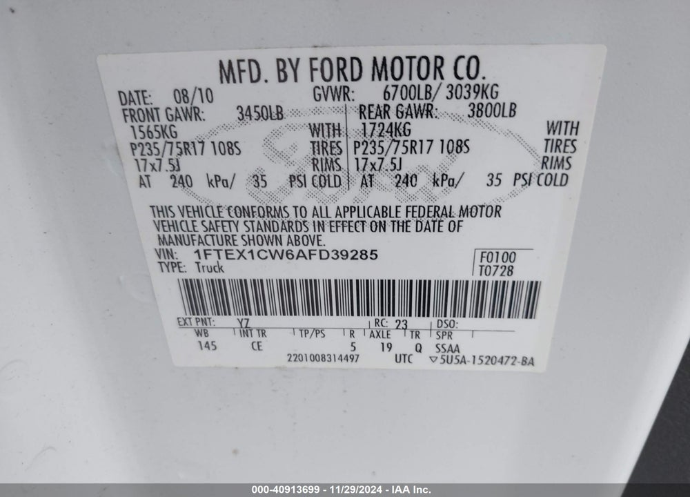2010 FORD F-150 STX/XL VIN: 1FTEX1CW6AFD39285