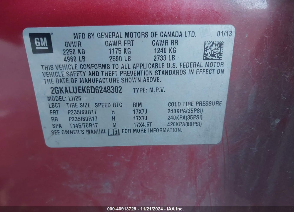 2013 GMC TERRAIN SLT-1 VIN: 2GKALUEK6D6248302