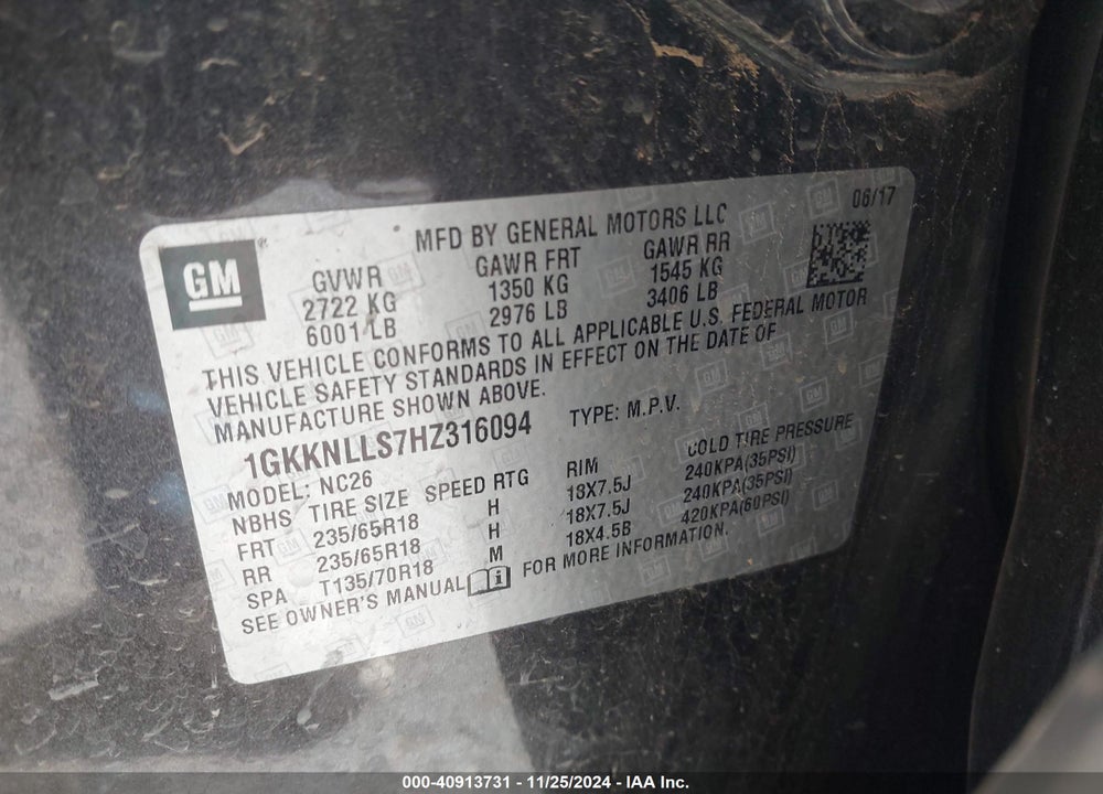 2017 GMC ACADIA SLE-2 VIN: 1GKKNLLS7HZ316094