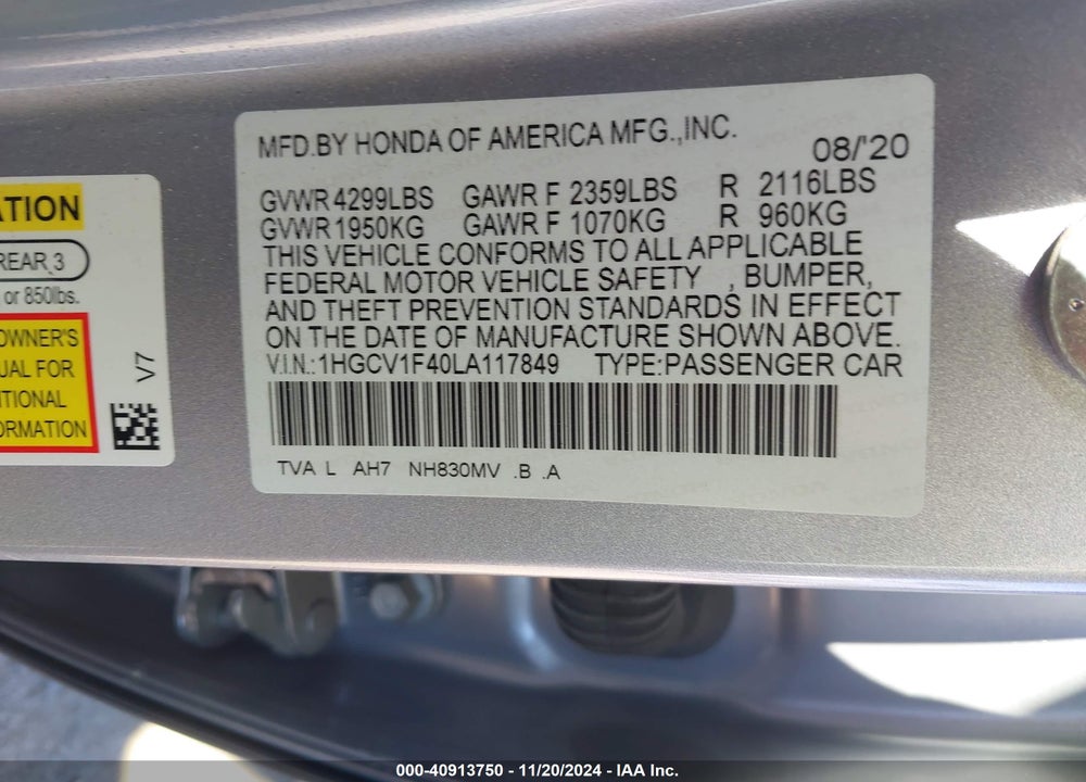 2020 HONDA ACCORD VIN: 1HGCV1F40LA117849